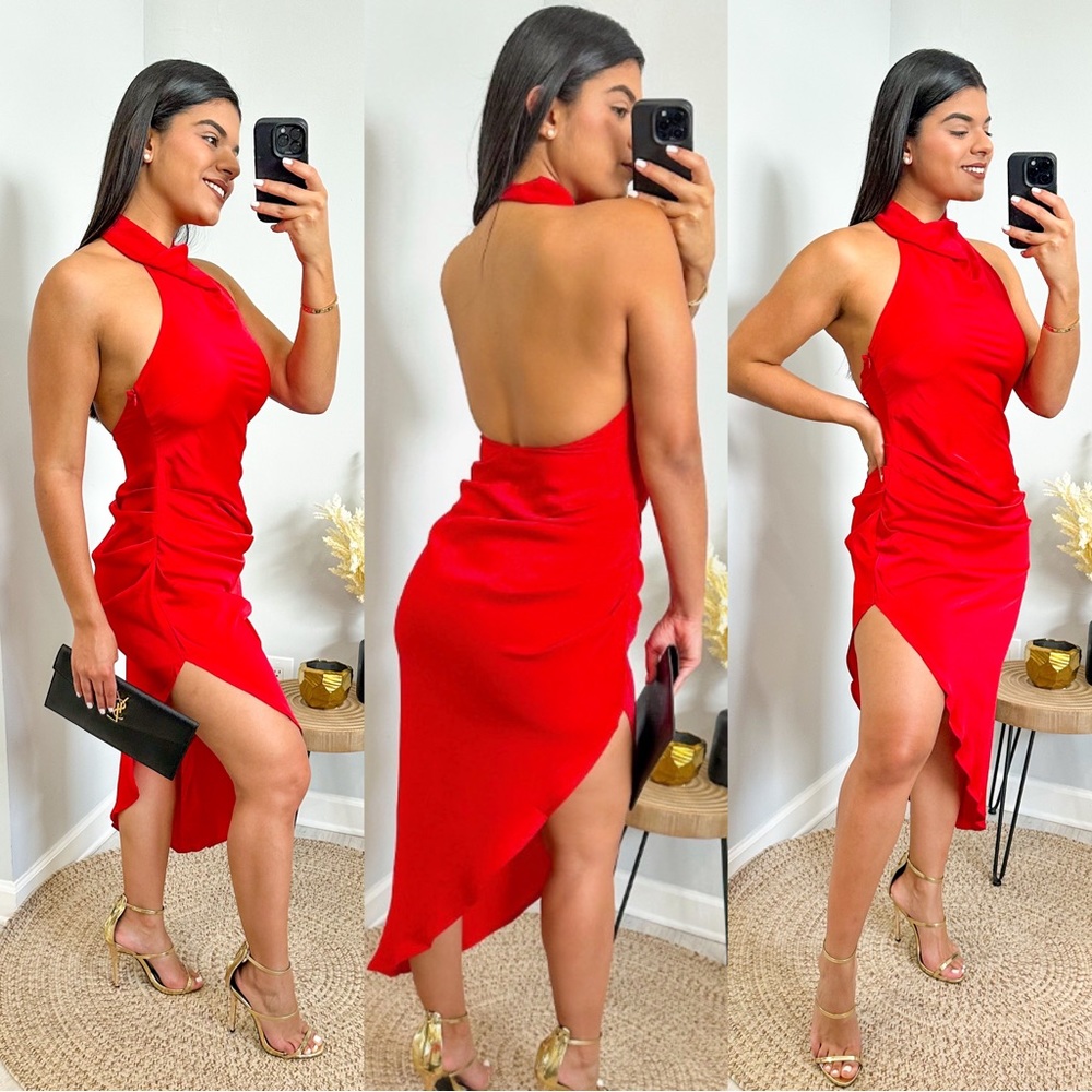 Halter top silk red dress